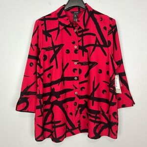 Ali Miles Abstract Bohemian Tunic Top Women’s Size XL Button Front Pockets Red